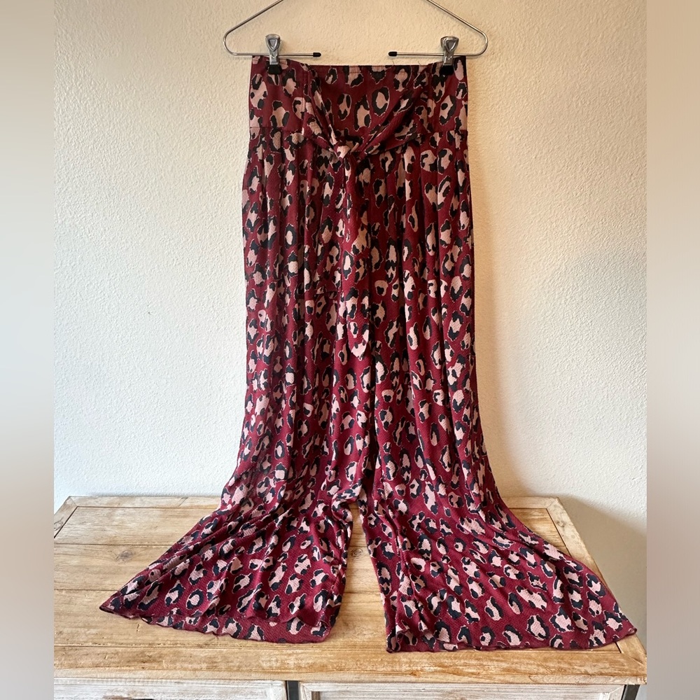 Free People Intimately Maroon & Cream Flowy Wide Leg Pants Size Medium